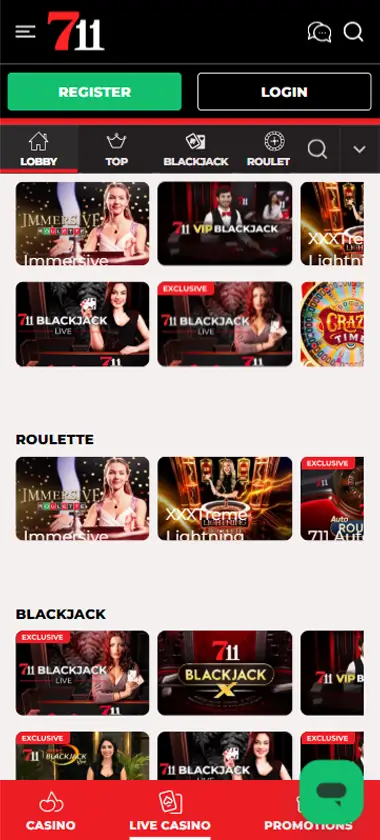 711 Casino mobile live casino interface showing live dealer tables including blackjack and roulette - captured during platform testing