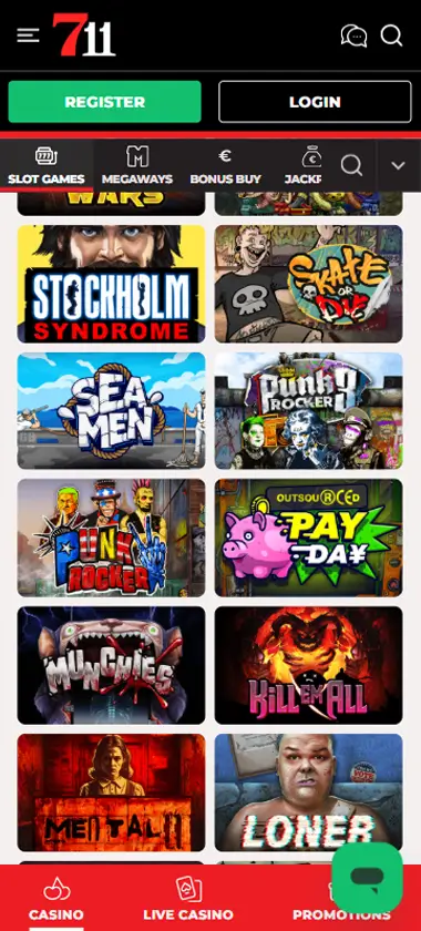 711 Casino mobile slots interface showing slot game selection with popular titles and filtering options - captured during platform testing