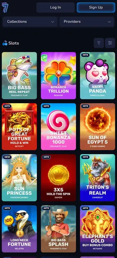 7Bit Casino mobile slots interface showing slot game selection with popular titles and filtering options - captured during platform testing