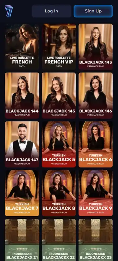 7Bit Casino mobile live casino interface showing live dealer tables including blackjack and roulette - captured during platform testing