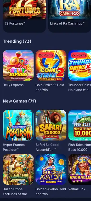 Galactic Wins Casino mobile homepage screenshot showing main casino lobby with featured games and promotions - captured during platform testing