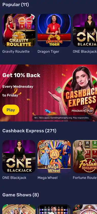 Galactic Wins Casino mobile live casino interface showing live dealer tables including blackjack and roulette - captured during platform testing