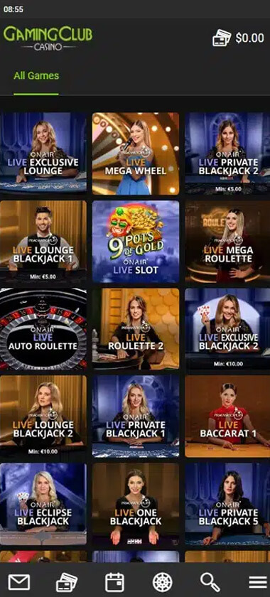 Gaming Club Casino mobile live casino interface showing live dealer tables including blackjack and roulette - captured during platform testing