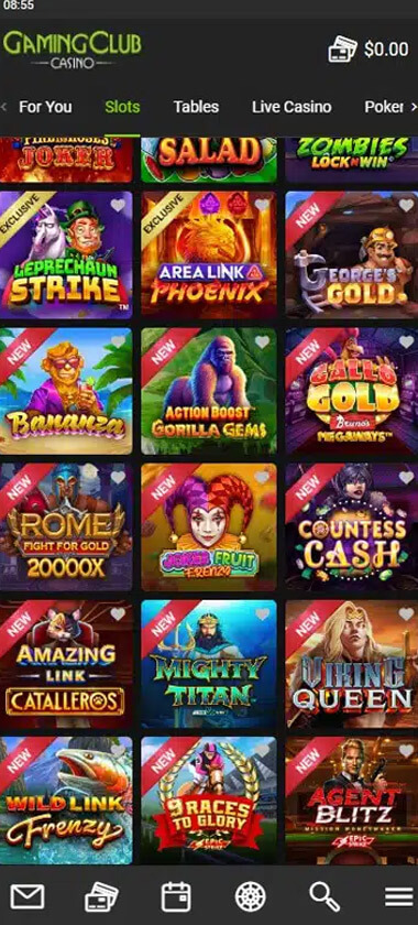 Gaming Club Casino mobile slots interface showing slot game selection with popular titles and filtering options - captured during platform testing