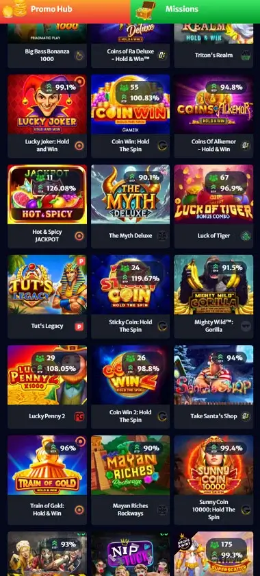 HellSpin Casino mobile slots interface showing slot game selection with popular titles and filtering options - captured during platform testing