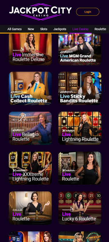 Jackpot City Casino mobile live casino interface showing live dealer tables including blackjack and roulette - captured during platform testing