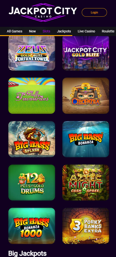 Jackpot City Casino mobile slots interface showing slot game selection with popular titles and filtering options - captured during platform testing