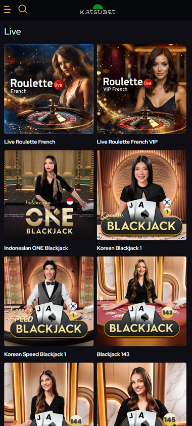 KatsuBet Casino mobile live casino interface showing live dealer tables including blackjack and roulette - captured during platform testing