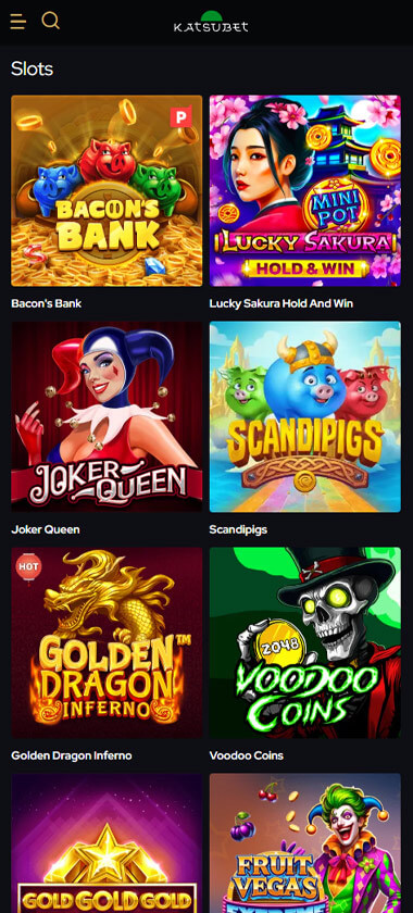KatsuBet Casino mobile slots interface showing slot game selection with popular titles and filtering options - captured during platform testing