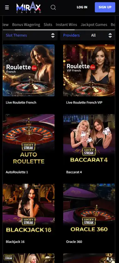 Mirax Casino mobile live casino interface showing live dealer tables including blackjack and roulette - captured during platform testing