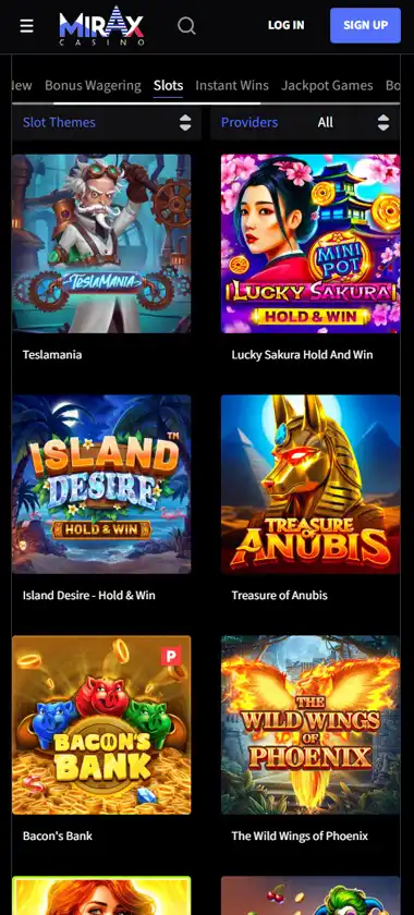 Mirax Casino mobile slots interface showing slot game selection with popular titles and filtering options - captured during platform testing