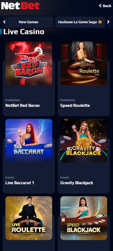 NetBet Casino mobile live casino interface showing live dealer tables including blackjack and roulette - captured during platform testing