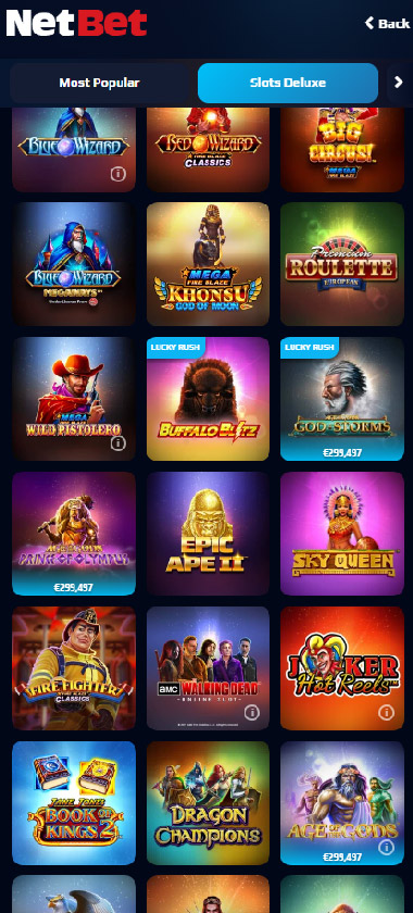 NetBet Casino mobile slots interface showing slot game selection with popular titles and filtering options - captured during platform testing