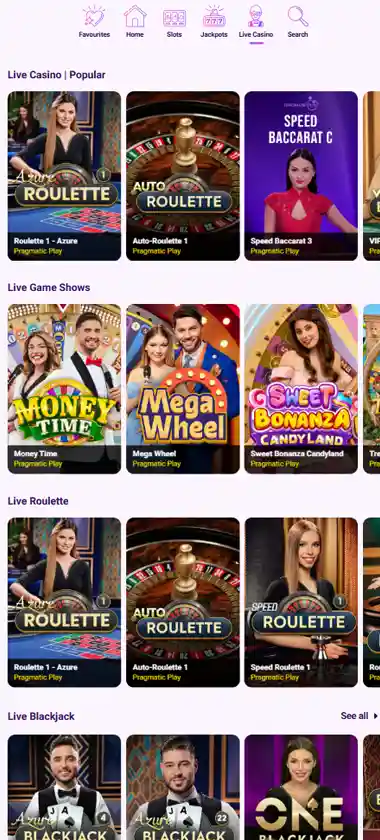 Slotbox Casino mobile live casino interface showing live dealer tables including blackjack and roulette - captured during platform testing
