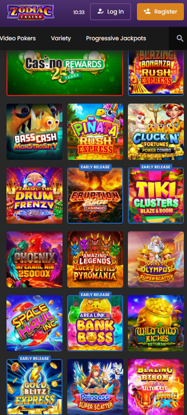 Zodiac Casino mobile homepage screenshot showing main casino lobby with featured games and promotions - captured during platform testing