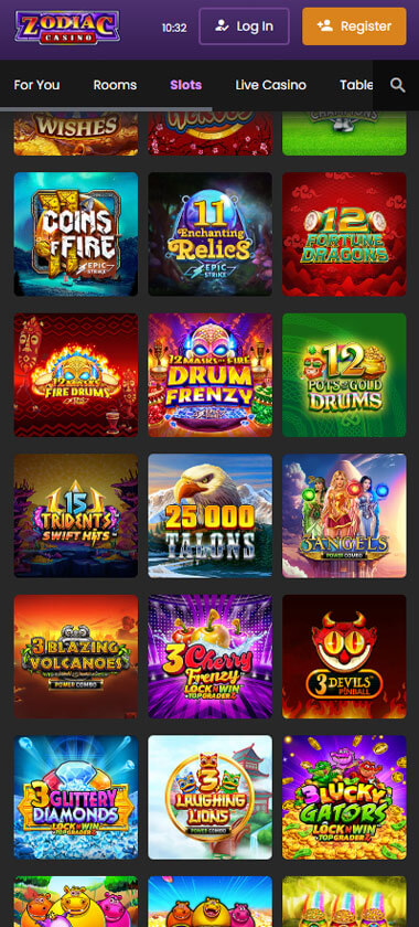 Zodiac Casino mobile slots interface showing slot game selection with popular titles and filtering options - captured during platform testing