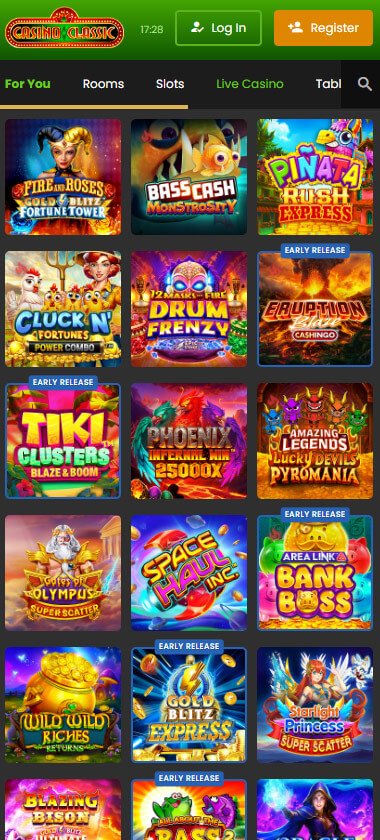 Casino Classic mobile homepage screenshot showing main casino lobby with featured games and promotions - captured during platform testing