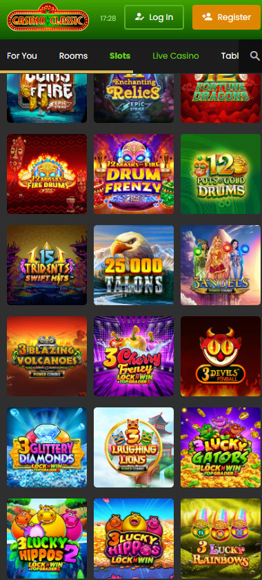 Casino Classic mobile slots interface showing slot game selection with popular titles and filtering options - captured during platform testing