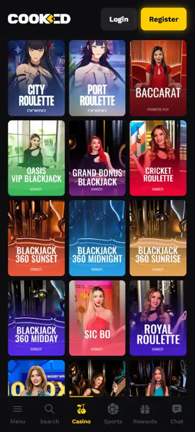 Cooked Casino mobile live casino interface showing live dealer tables including blackjack and roulette - captured during platform testing
