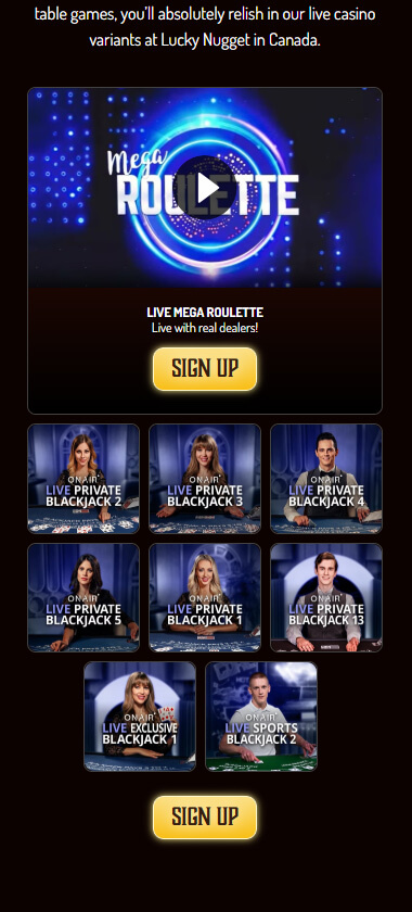 Lucky Nugget Casino mobile live casino interface showing live dealer tables including blackjack and roulette - captured during platform testing
