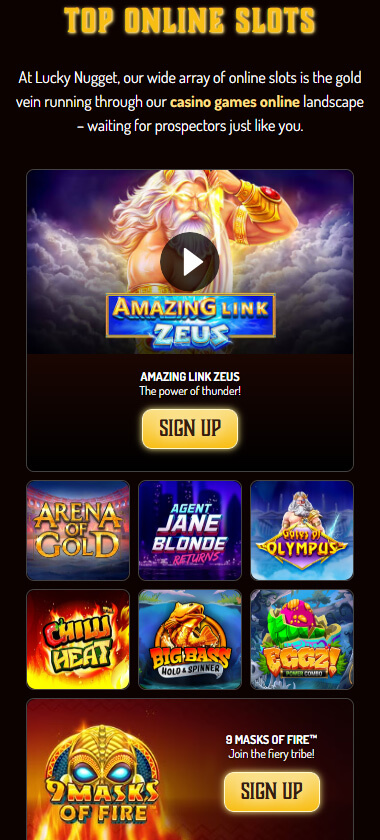 Lucky Nugget Casino desktop slots lobby presenting a variety of slot games with categories and providers - tested