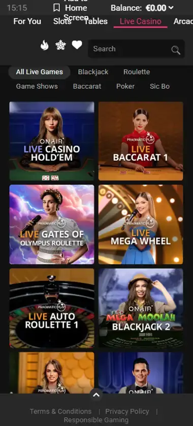 Spin Galaxy Casino mobile live casino interface showing live dealer tables including blackjack and roulette - captured during platform testing