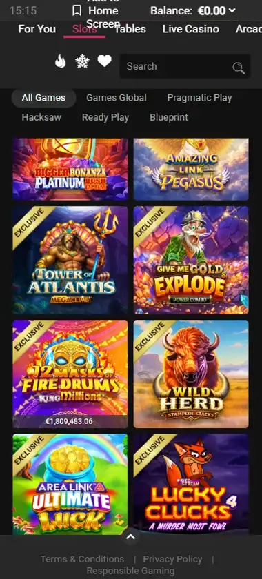 Spin Galaxy Casino mobile slots interface showing slot game selection with popular titles and filtering options - captured during platform testing