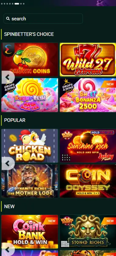 SpinBetter Casino mobile slots interface showing slot game selection with popular titles and filtering options - captured during platform testing